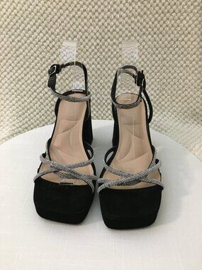 PModa Shoes Block Heel Ankle Strap Black and Silver 7US Elegant Trendy Strappy